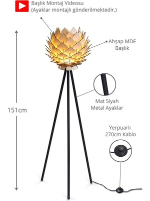 101-150 Lotus Metal Ayaklı Yerpuar Anahtarlı Ahşap Modern Tripod Üç Ayaklı Lambader Aydınlatma 1 Me