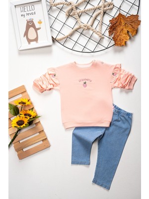 Pop Kız Bebek Çilek Nakışlı Üst Örme Kot Pantolonlu Mevsimlik Takım