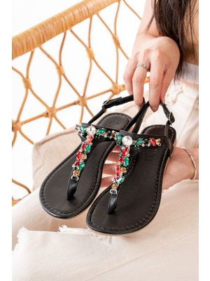 152-1110 Siyah Multi Taşlı Parmak Arası Kadın Sandalet