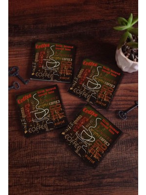 Kare Ahşap Bardak Altlığı 6'lı Retro Kahveler Retro Tarz 10X10 (6 Adet Ekonomik Paket)