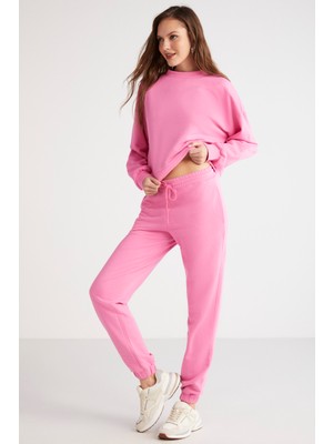 Savannah Kadın İçi Polarsız Bisiklet Yaka Beli ve Paçası Lastikli Comfort Fit Pembe Eşofman Takımı