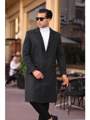 Mero Life Erkek Antrasit Dar Kesim Uzun Yün Karışımlı Kaşe Kaban