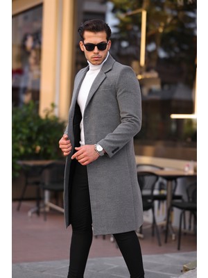 Mero Life Erkek Gri Dar Kesim Uzun Yün Karışımlı Kaşe Kaban