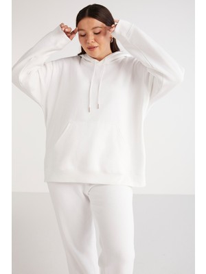 Ethiquet Terezabb Kadın İçi Polarlı Yumuşacık Comfort Fit Kapüşonlu Kanguru Cep Beyaz Büyük Beden Sweatshirt