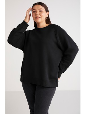 Ethiquet Barborabb İçi Polarlı Yumuşacık Comfort Fit Yuvarlak Yaka Siyah Büyük Beden Sweatshirt