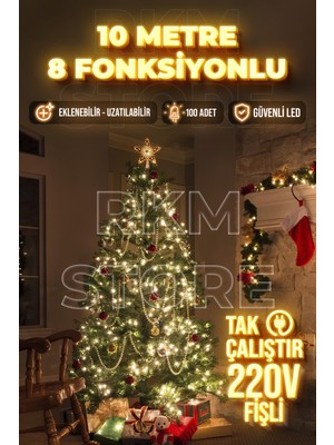 Rkm Store LED Işık Gün Işığı 10 Metre Yılbaşı Işığı Fişli Şeffaf Kablolu 8 Fonksiyonlu Eklemeli