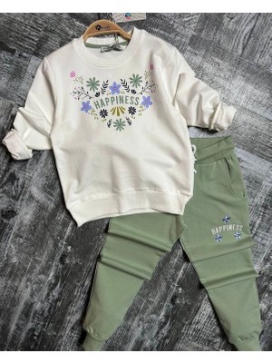 Punıx Kıds Özel Üretim Happiness Baskılı Kışlık Çift Cep Kız Çocuk Şık Eşofman Takımı