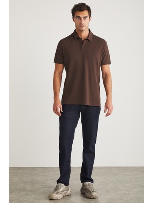 Eddıe Erkek Slim Fit %100 Pamuk Acı Kahve Polo Yaka T-Shirt