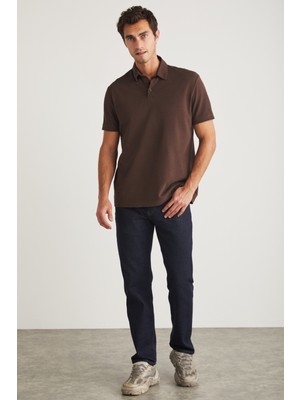 Eddıe Erkek Slim Fit %100 Pamuk Acı Kahve Polo Yaka T-Shirt