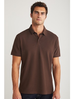 Eddıe Erkek Slim Fit %100 Pamuk Acı Kahve Polo Yaka T-Shirt