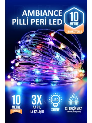 Rkm Store Dekoratif 10 Metre Peri LED Rgb Karışık Renkli 3 Pilli 3 Fonksiyonlu