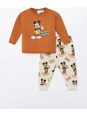 Lcw Baby turuncu Bisiklet Yaka Mickey Mouse Baskılı Erkek Bebek Sweatshirt ve Eşofman Alt 2'li Takım