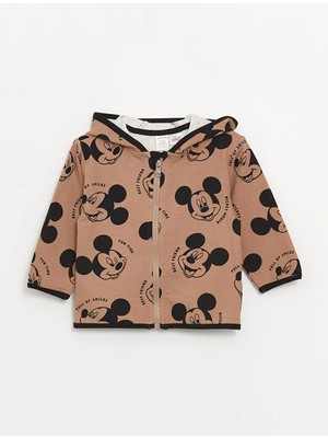 LC Waikiki Lcw Baby kahverengi Kapüşonlu Uzun Kollu Mickey Mouse Baskılı Erkek Bebek Sweatshirt ve Eşofman Alt 2'li