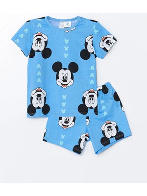 LC Waikiki Lcw Baby mavi Baskılı Bisiklet Yaka Kısa Kollu Mickey Mouse Baskılı Erkek Bebek Şortlu Pijama Takımı