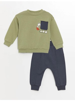 LC Waikiki Lcw Baby yeşil Bisiklet Yaka Baskılı Erkek Bebek Sweatshirt ve Eşofman Alt 2'li Takım