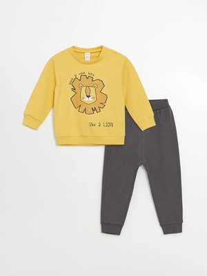 Lcw Baby mat Sarı Bisiklet Yaka Uzun Kollu Baskılı Erkek Bebek Sweatshirt ve Eşofman Alt 2'li Takım