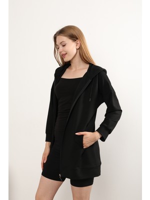 Luqaj Basic Uzun Fermuarlı Kapüşonlu Modest Iki Iplik Likralı Lux Cepli Sweatshirt Tesettür Tunik
