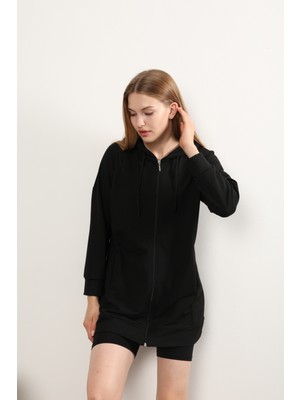 Luqaj Basic Uzun Fermuarlı Kapüşonlu Modest Iki Iplik Likralı Lux Cepli Sweatshirt Tesettür Tunik