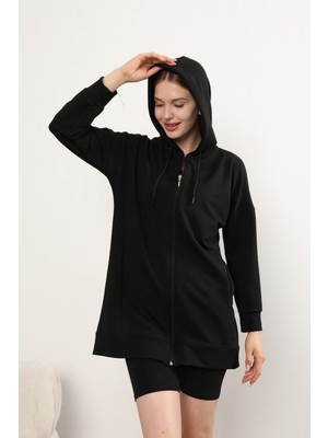 Luqaj Basic Uzun Fermuarlı Kapüşonlu Modest Iki Iplik Likralı Lux Cepli Sweatshirt Tesettür Tunik