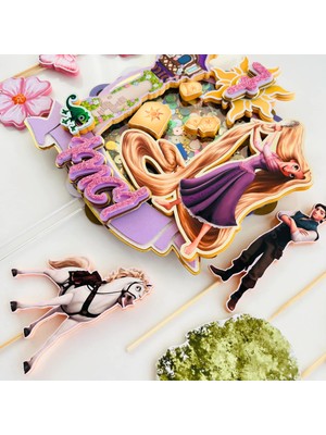 Cake Topper Rapunzel Temalı Kız Çocuk Doğum Günü Isme Özel 3 Boyutlu Pasta Parti Süsü Seti -Rapunzel Pasta Süsü