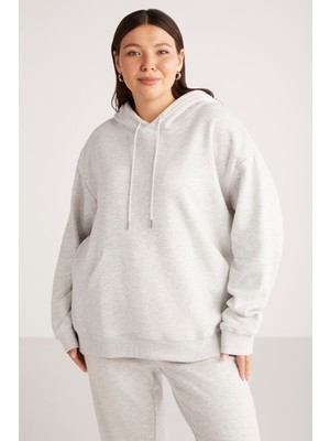 Ethiquet Terezabb Kadın İçi Polarlı Yumuşacık Comfort Fit Kapüşonlu Kanguru Cep Grimelanj Büyük Beden Sweatshirt