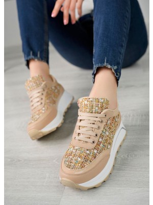 Homiro Kadın Bağcıklı Taş Desenli Spor Ayakkabı-Bej