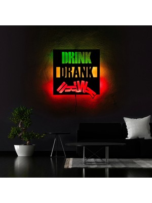 The Eba Design Tablo Marketi Drink Drank Drunk Yazılı Tablo, Işıklı Duvar Dekor Ahşap, Neon Işık, Ledli Işıklı Tablo, Duvar Süsü