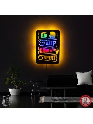 The Eba Design Tablo Marketi Gamer Tablosu, Eat Sleep Game Repeat, Işıklı Duvar Dekor Ahşap, Neon Işık, Ledli Işıklı Tablo