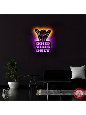 The Eba Design Tablo Marketi Good Vibes Only Tablo, Yazı Tablo, Işıklı Duvar Dekor Ahşap, Neon Işık, Duvar Süsü