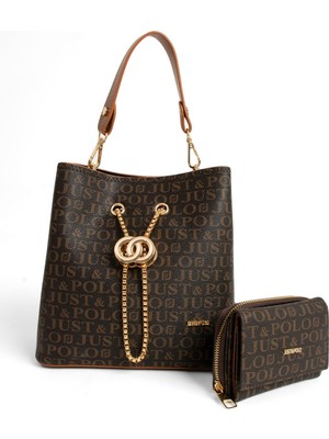Just Polo Monogram Baskılı 3 Bölmeli Kadın El & Omuz Çantası ve Cüzdan Kombini 24X23CM MDS20641002
