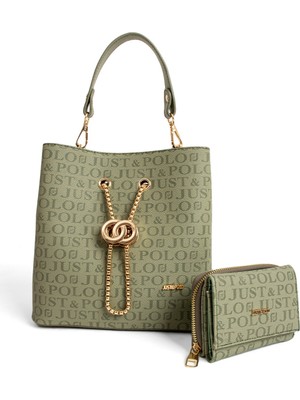 Just Polo Monogram Baskılı 3 Bölmeli Kadın El & Omuz Çantası ve Cüzdan Kombini 24X23CM MDS20641002