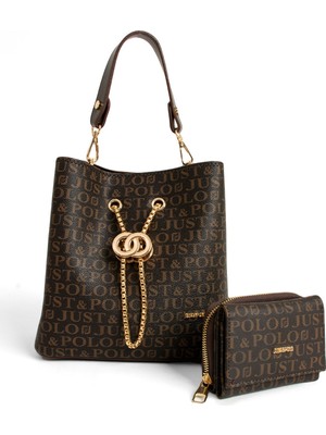 Just Polo Monogram Baskılı 3 Bölmeli Kadın El & Omuz Çantası ve Cüzdan Kombini 24X23CM MDS20641002