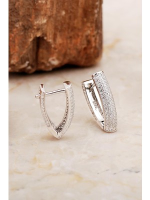 Sümer Telkari Rodyumlu Taşlı Üçgen Gümüş Küpe 6964