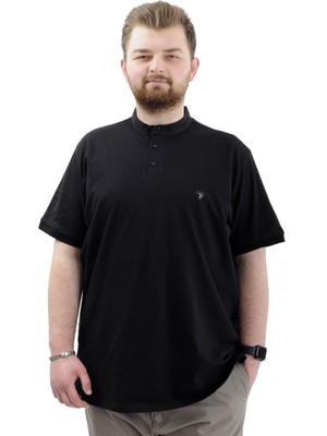 ModeXL Büyük Beden Erkek Tişört Düğmeli Hakim Yaka Oversize Siyah Dokuma Kumaş