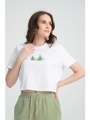 Jimback Crop Pine Forest %100 Pamuk Nakışlı T-Shirt Beyaz