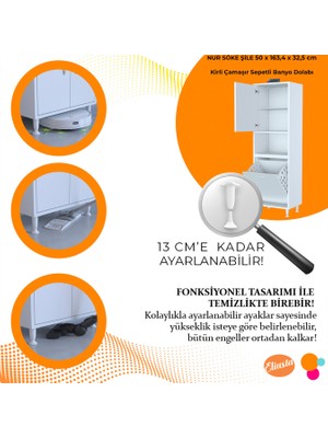 Modilayn 50 x 163,4 x 32,5 cm 2 Kapak Üç Bölmeli Kirli Çamaşır Dolabı Sepetli Banyo Dolabı