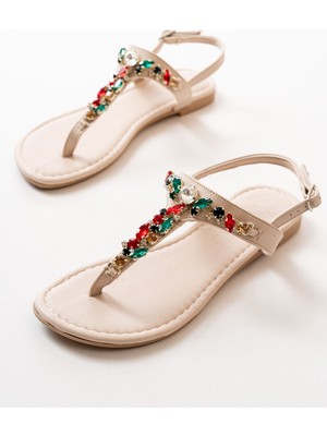 152-1110 Bej Multi Taşlı Parmak Arası Kadın Sandalet