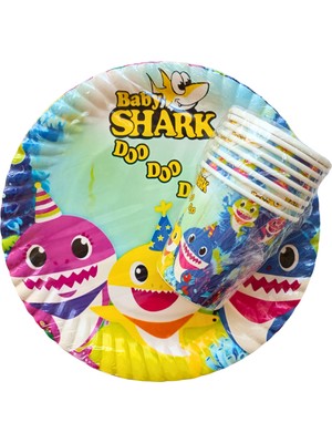 Ngüzel Party Baby Shark Temalı Doğum Günü 8 Adet Karton Tabak + 8 Adet Karton Bardak Seti