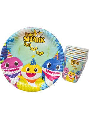 Ngüzel Party Baby Shark Temalı Doğum Günü 8 Adet Karton Tabak + 8 Adet Karton Bardak Seti