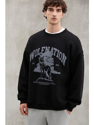 Grimelange Carsten Erkek Yumuşacık Kumaşlı Oversize Fit Yuvarlak Yakalı Kolej Baskılı Siyah Sweatshirt