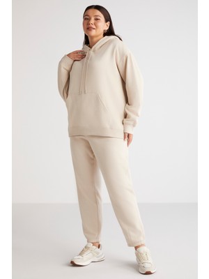 ETHIQUET Lenkabb Kadın Içi Polarlı Comfort Fit Beli Ve Paçası Lastikli Bej Büyük Beden Eşofman Altı