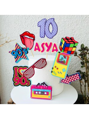 Cake Topper 90'lar Retro Temalı Erkek Kız Çocuk Doğum Günü Isme Özel 3 Boyutlu Pasta Süsü Seti Retro Cake Topper