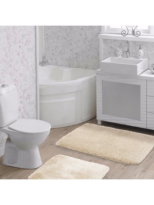 Eurobano Bej Peluş Ultra Yumuşak Kaymaz Tabanlı 2'li Set Banyo Halısı Paspas Seti 60X100