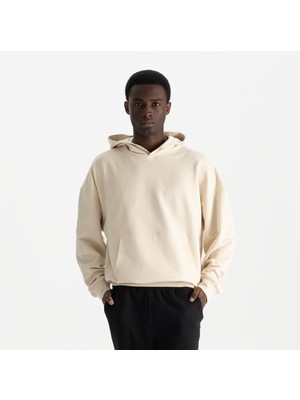 Uniu Erkek Bej %100 Organik Pamuk Kanguru Cepli Kapüşonlu Oversize Sweatshirt