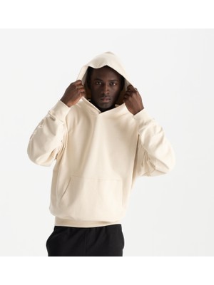 Uniu Erkek Bej %100 Organik Pamuk Kanguru Cepli Kapüşonlu Oversize Sweatshirt