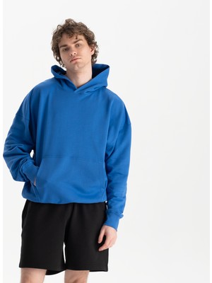 Uniu Erkek Mavi %100 Organik Pamuk Kanguru Cepli Kapüşonlu Oversize Sweatshirt
