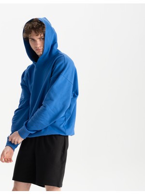 Uniu Erkek Mavi %100 Organik Pamuk Kanguru Cepli Kapüşonlu Oversize Sweatshirt