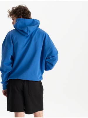 Uniu Erkek Mavi %100 Organik Pamuk Kanguru Cepli Kapüşonlu Oversize Sweatshirt