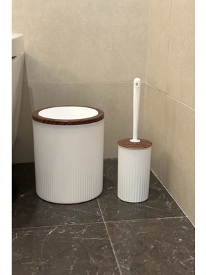 Makri Home Banyo Seti 5'Li Beyaz Ahşap Desenli Yuvarlak Plastik