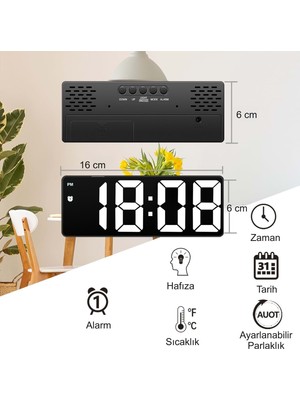 Hymark LED Ekran USB Güç Dijital Aynalı Masa Saati Sıcaklık Alarm Takvim